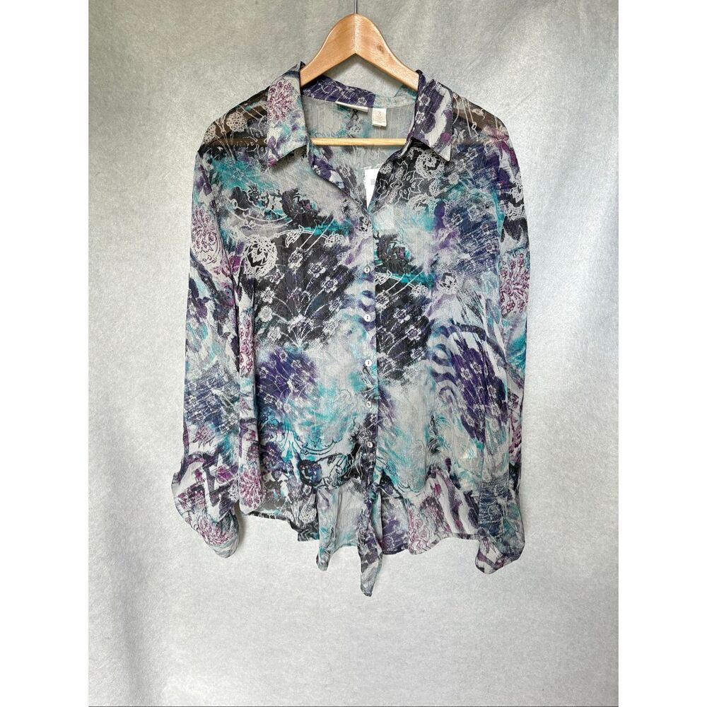 CHICO'S  Sz 3/XL Hi Lo Button Down Sheer Blouse With Gold Shimmer Thread Accent